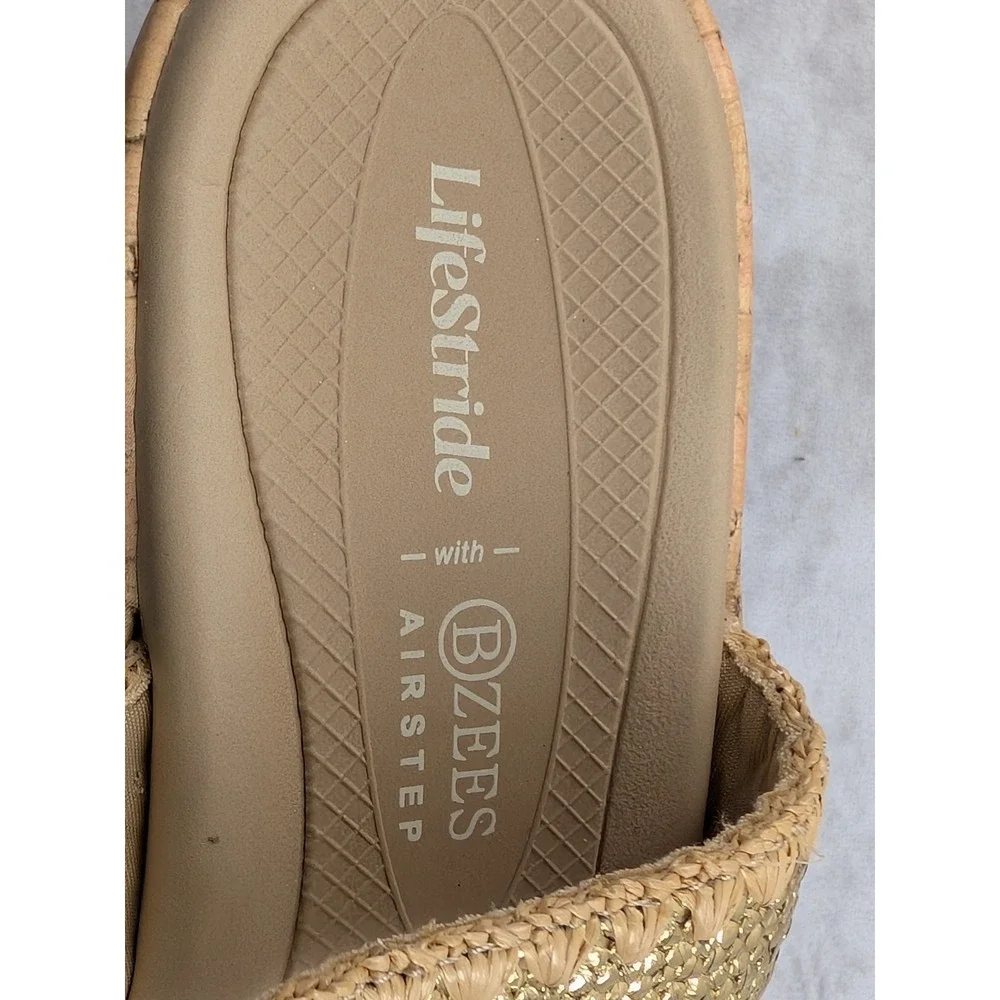 LifeStride BZees Air Step Resort Gold Metallic Cork Wedge Sandals Womens 9M